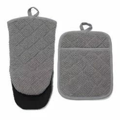 Food Network™ Terry Neoprene Oven Mitt & Pot Holder Set Khaki - Gray
